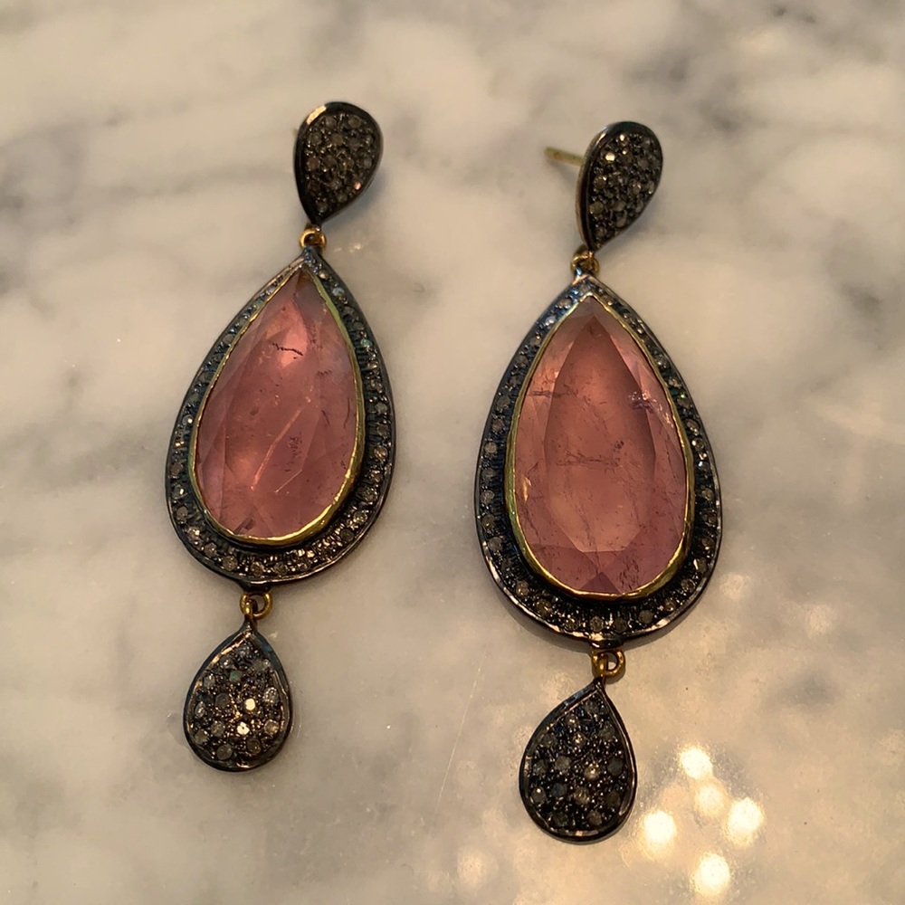 Large Pink Tourmaline and Diamond 18K gold and 925 Silver Earrings